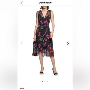 CALVIN KLEIN NET floral chiffon midi dress